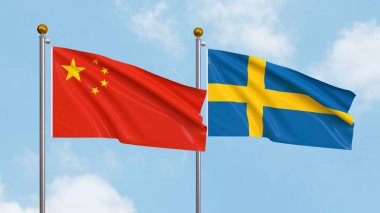 Gökyüzünde Çin ve İsveç bayrakları sallıyordu. Uluslararası Diplomasi, Dostluk ve Gökyüzüne Karşı Yükselen Bayraklarla Ortaklık. 3B illüstrasyon