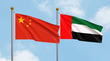 Gökyüzünde Çin ve Birleşik Arap Emirlikleri bayrakları sallıyordu. Uluslararası Diplomasi, Dostluk ve Gökyüzüne Karşı Yükselen Bayraklarla Ortaklık. 3B illüstrasyon
