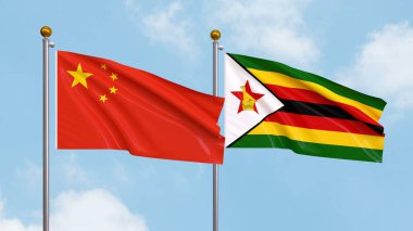 Gökyüzünde Çin ve Zimbabwe bayrakları sallıyordu. Uluslararası Diplomasi, Dostluk ve Gökyüzüne Karşı Yükselen Bayraklarla Ortaklık. 3B illüstrasyon