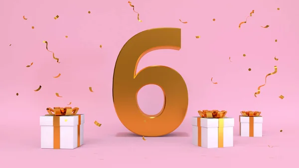 ハッピーバースデー6年の3Dレンダリング数 誕生日 プレゼントの要素の記念日 3Dイラスト ピンク色 — ストック写真