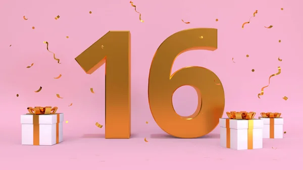 Liczba Renderowania Happy Birthday Szesnaście Lat Rocznica Urodzin Elementy Prezentu — Zdjęcie stockowe