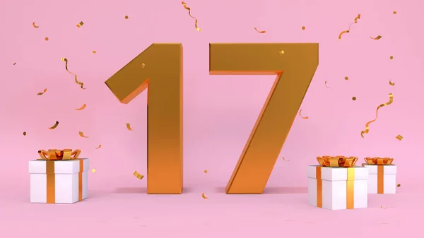 Liczba Renderowania Happy Birthday Siedemnaście Lat Rocznica Urodzin Elementy Prezentu — Zdjęcie stockowe