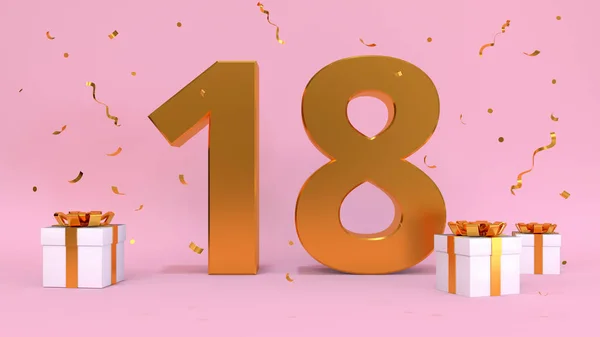 ハッピーバースデー18年の3Dレンダリング数 誕生日 プレゼントの要素の記念日 3Dイラスト ピンク色 — ストック写真