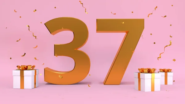3D渲染了37岁生日快乐日的数字 礼物元素 3D插图 粉红色 — 图库照片