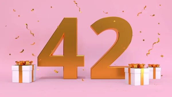 3D渲染了42岁生日快乐日的数字 礼物元素 3D插图 粉红色 — 图库照片