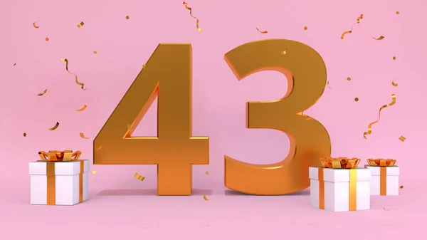 3D渲染了43岁生日快乐日的数字 礼物元素 3D插图 粉红色 — 图库照片
