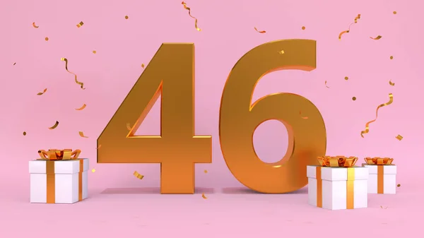 3D渲染了46岁生日快乐日的数字 礼物元素 3D插图 粉红色 — 图库照片