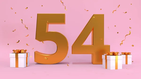 3D渲染了54岁生日快乐日的数字 礼物元素 3D插图 粉红色 — 图库照片