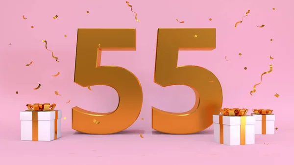 ハッピーバースデー55年の3Dレンダリング数 誕生日 プレゼントの要素の記念日 3Dイラスト ピンク色 — ストック写真