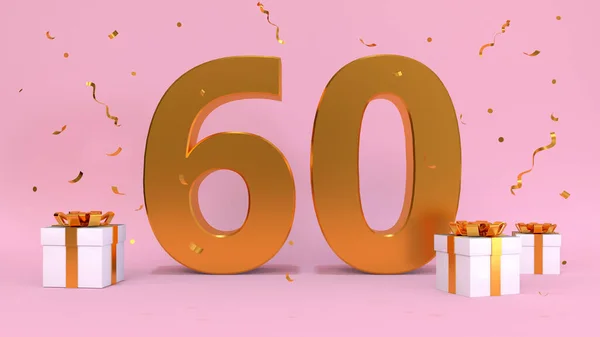 ハッピーバースデー60年の3Dレンダリング数 誕生日 プレゼントの要素の記念日 3Dイラスト ピンク色 — ストック写真
