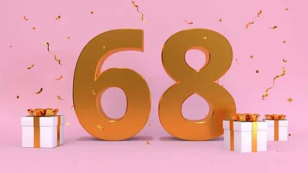 3D渲染了68岁生日快乐日的数字 礼物元素 3D插图 粉红色 — 图库照片
