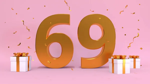 3D渲染了69岁生日快乐日的数字 礼物元素 3D插图 粉红色 — 图库照片