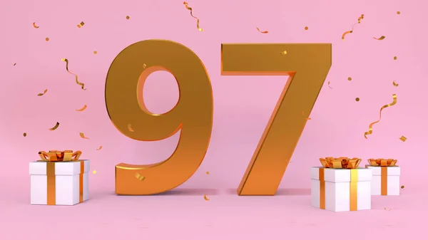 ハッピーバースデー97年の3Dレンダリング数 誕生日 プレゼントの要素の記念日 3Dイラスト ピンク色 — ストック写真