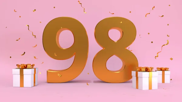 幸せな誕生日98年の3Dレンダリング数 誕生日 プレゼントの要素の記念日 3Dイラスト ピンク色 — ストック写真