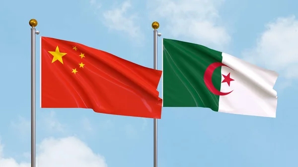 Vifta Flaggor Kina Och Algeriet Himlen Bakgrund Illustrerar Internationell Diplomati — Stockfoto