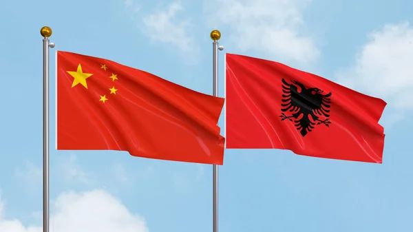 Vifta Flaggor Kina Och Albanien Himlen Bakgrund Illustrerar Internationell Diplomati — Stockfoto