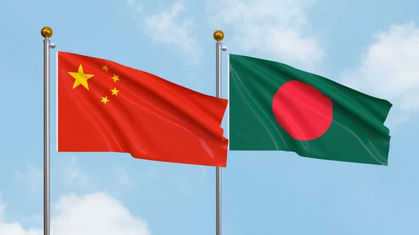 Ondeando Banderas China Bangladesh Fondo Del Cielo Ilustrando Diplomacia Internacional —  Fotos de Stock