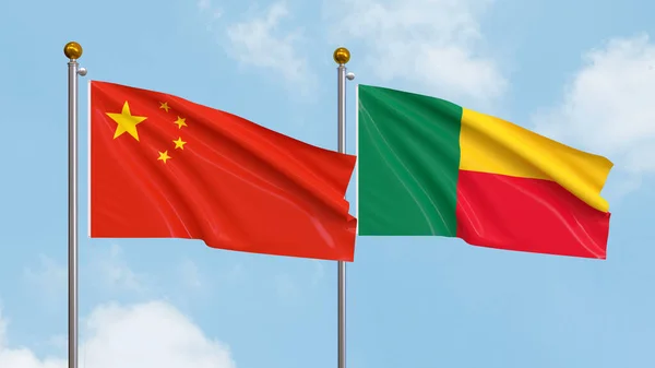 Ondeando Banderas China Benin Fondo Del Cielo Ilustrando Diplomacia Internacional —  Fotos de Stock