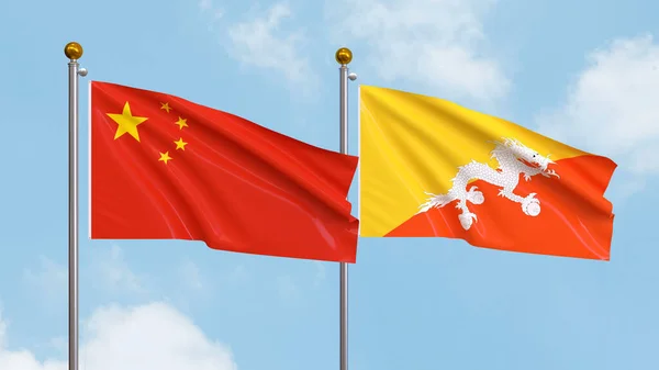 Vifta Flaggor Kina Och Bhutan Himlen Bakgrund Illustrerar Internationell Diplomati — Stockfoto