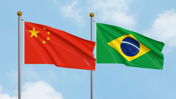 Vifta Flaggor Kina Och Brasilien Himlen Bakgrund Illustrerar Internationell Diplomati — Stockfoto