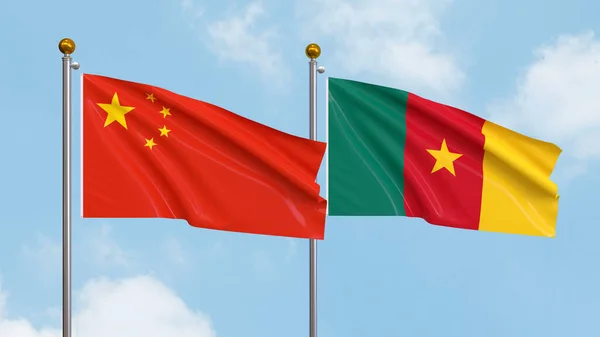 Ondeando Banderas China Camerún Sobre Fondo Del Cielo Ilustrando Diplomacia —  Fotos de Stock