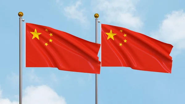 Two waving flags of China on sky background. 3D illustration