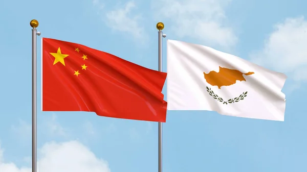 Vifta Flaggor Kina Och Cypern Himlen Bakgrund Illustrerar Internationell Diplomati — Stockfoto