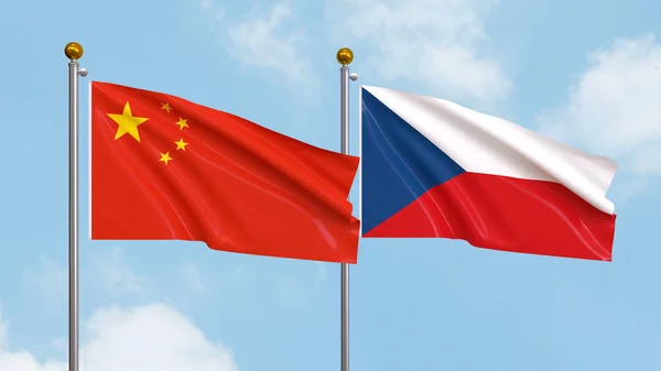 Vifta Flaggor Kina Och Tjeckien Himlen Bakgrund Illustrerar Internationell Diplomati — Stockfoto