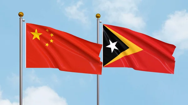 Waving Flags China East Timor Sky Background Illustrating International Diplomacy — Stock Photo, Image