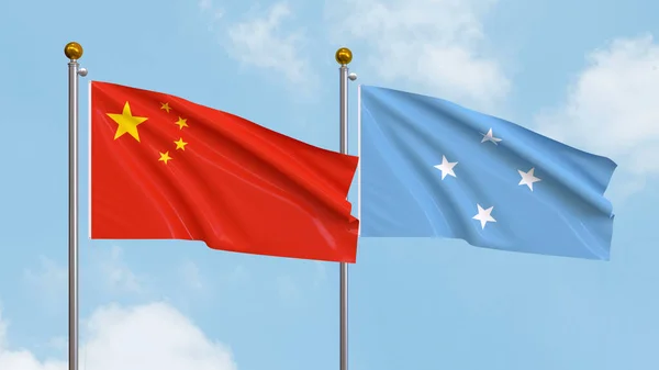 Waving Flags China Federated States Micronesia Sky Background Illustrating International — Stock Photo, Image