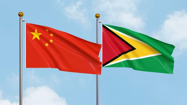 Waving Flags China Guyana Sky Background Illustrating International Diplomacy Friendship — Stock Photo, Image