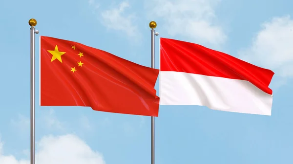 Ondeando Banderas China Indonesia Fondo Del Cielo Ilustrando Diplomacia Internacional —  Fotos de Stock