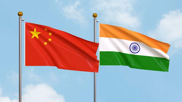 Vifta Flaggor Kina Och Indien Himlen Bakgrund Illustrerar Internationell Diplomati — Stockfoto