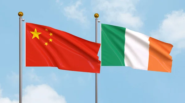 Vifta Flaggor Kina Och Irland Himlen Bakgrund Illustrerar Internationell Diplomati — Stockfoto