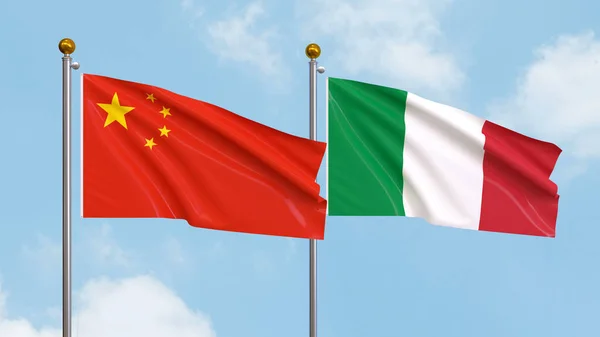 Vifta Flaggor Kina Och Italien Himlen Bakgrund Illustrerar Internationell Diplomati — Stockfoto