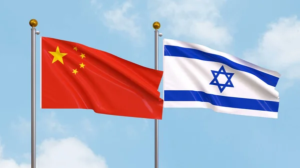 空を背景に中国とイスラエルの旗を振る 空に対する国旗の高騰との国際外交 パートナーシップを描く 3Dイラスト — ストック写真