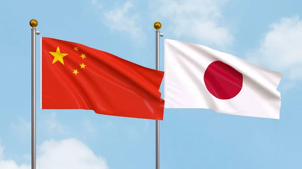 Vifta Flaggor Kina Och Japan Himlen Bakgrund Illustrerar Internationell Diplomati — Stockfoto
