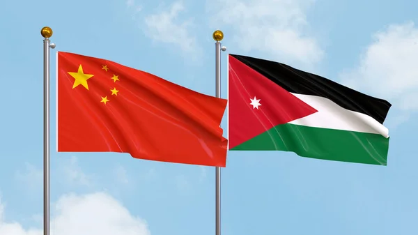 Vifta Flaggor Kina Och Jordanien Himlen Bakgrund Illustrerar Internationell Diplomati — Stockfoto