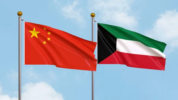 Vifta Flaggor Kina Och Kuwait Himlen Bakgrund Illustrerar Internationell Diplomati — Stockfoto