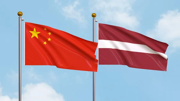 Vifta Flaggor Kina Och Lettland Himlen Bakgrund Illustrerar Internationell Diplomati — Stockfoto