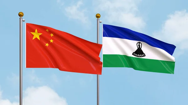 Vifta Flaggor Kina Och Lesotho Himlen Bakgrund Illustrerar Internationell Diplomati — Stockfoto