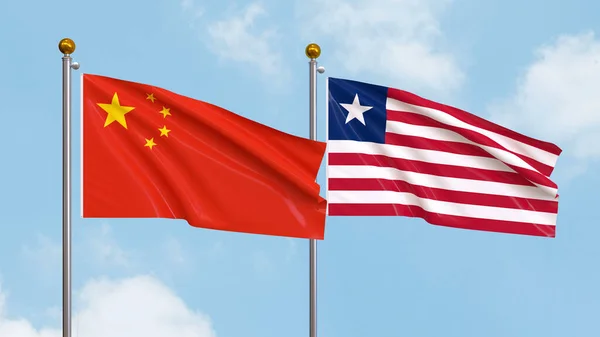 在天空背景下飘扬着中国和利比里亚的国旗 说明国际外交 友谊和与高举旗帜对抗天空的伙伴关系 3D插图 — 图库照片