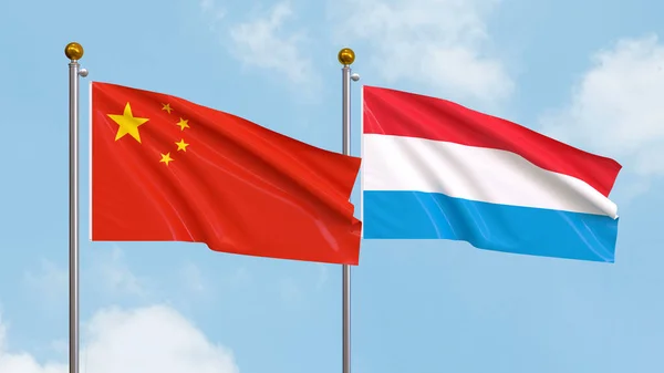 Vifta Flaggor Kina Och Luxemburg Himlen Bakgrund Illustrerar Internationell Diplomati — Stockfoto