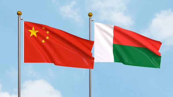 Vifta Flaggor Kina Och Madagaskar Himlen Bakgrund Illustrerar Internationell Diplomati — Stockfoto
