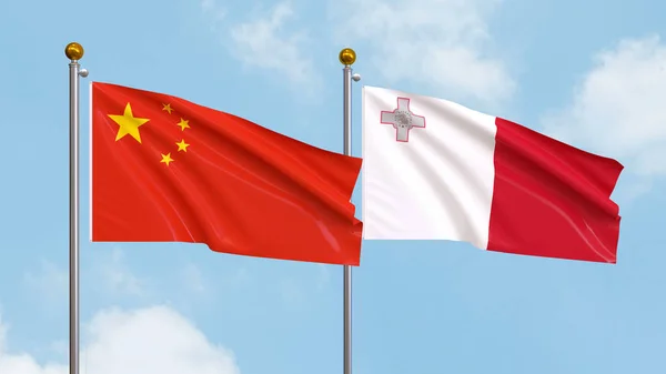 Vifta Flaggor Kina Och Malta Himlen Bakgrund Illustrerar Internationell Diplomati — Stockfoto