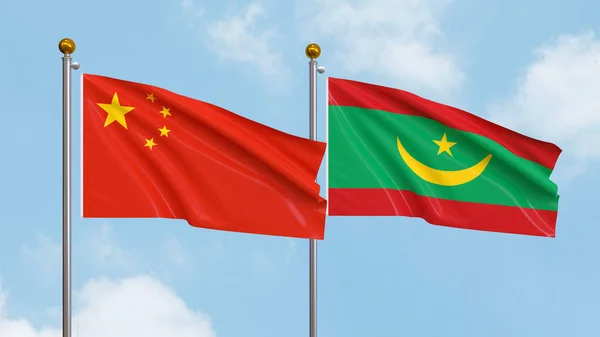 Ondeando Banderas China Mauritania Fondo Del Cielo Ilustrando Diplomacia Internacional —  Fotos de Stock