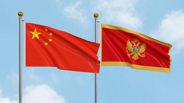 Vifta Flaggor Kina Och Montenegro Himlen Bakgrund Illustrerar Internationell Diplomati — Stockfoto