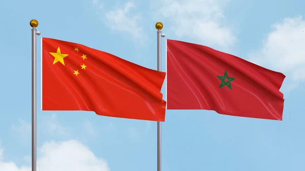 Ondeando Banderas China Marruecos Fondo Del Cielo Ilustrando Diplomacia Internacional —  Fotos de Stock