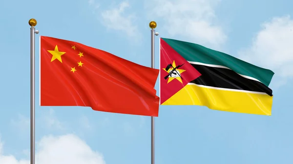 Ondeando Banderas China Mozambique Fondo Del Cielo Ilustrando Diplomacia Internacional —  Fotos de Stock