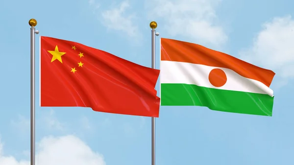 Vifta Flaggor Kina Och Niger Himlen Bakgrund Illustrerar Internationell Diplomati — Stockfoto